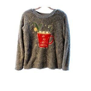 Secret‎ Treasures Gray Fuzzy Hot Cocoa Christmas Sweater Size M 8 10
